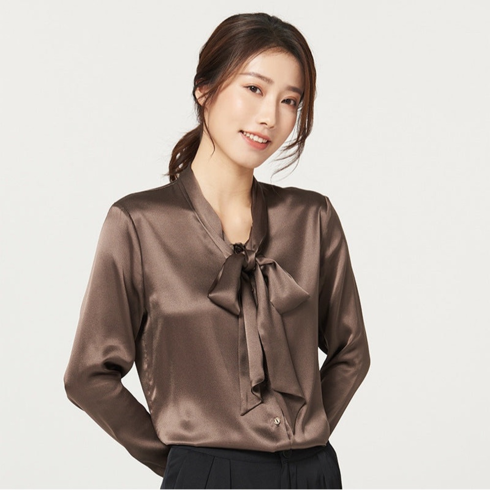 Brown Silk Long Sleeve Blouse with Tie Neck